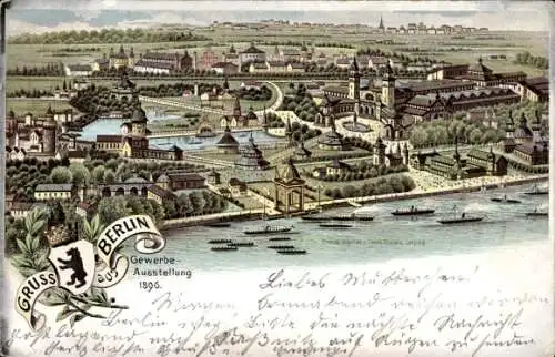 Litho Berliner Gewerbe Ausstellung 1896, Ausstellungsgelände, Gesamtansicht