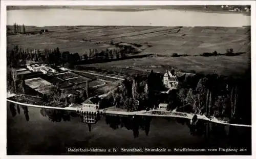 Ak Mettnau Radolfzell am Bodensee, Strandcafé, Scheffelmuseum, Fliegeraufnahme