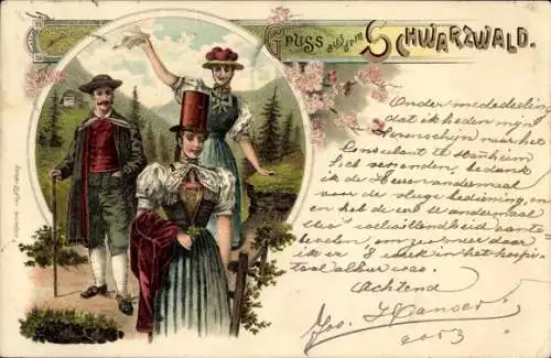 Litho Gruß aus dem Schwarzwald, Familie in Schwarzwälder Tracht