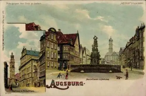 Halt gegen das Licht Litho Augsburg in Schwaben, Maximilianstraße, Herkules, Rathaus, Perlachturm