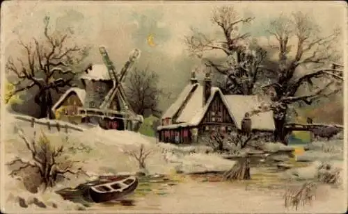 Künstler Ak Haus und Windmühle am Fluss im Winter