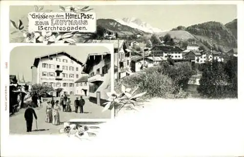 Litho Berchtesgaden in Oberbayern, Hotel Post zum Leuthaus, Teilansicht vom Ort