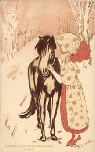 Künstler Ak Miller, H. T., Mädchen und Pony, Winter, Schnee, Wald