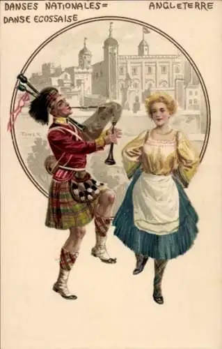 Litho Danses Nationales, Angleterre, Schotte im Kilt mit Dudelsack, Tänzerin