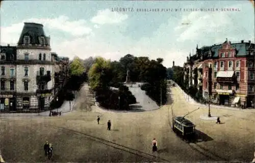 Ak Legnica Liegnitz Schlesien, Breslauer Platz mit Kaiser Wilhelm Denkmal