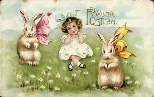 Präge Ak Frohe Ostern, Osterhasen, Mädchen, Schleifen