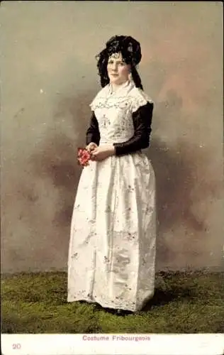 Ak Kt. Freiburg Schweiz, Costume Fribourgeois, Frau in Freiburger Tracht