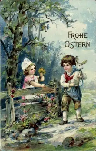 Präge Ak Glückwunsch Ostern, Junge mit Osterhase, Mädchen