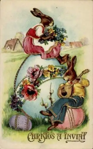 Ak Glückwunsch Ostern, Osterei, Osterhase spielt Laute, Weidenkätzchen