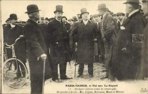 Ak Paris Madrid 1911, le Depart, avant la catastrophe, Lepine, Berteaux, Monit, Bleriot