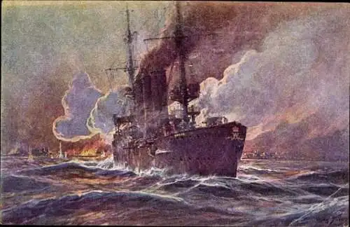 Künstler Ak Stöwer, Willy, SMS Emden beschießt Madras, Kreuzer, Kaiserliche Marine, I. WK