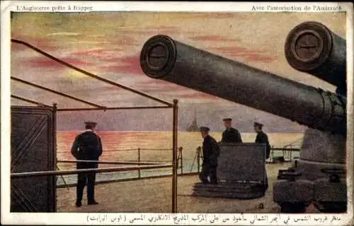 Ak Britisches Kriegsschiff, HSM Queen Elizabeth, Seeleute, Sonnenuntergang