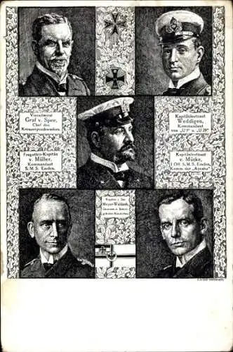 Künstler Ak Vizeadmiral v. Spee, Kapitänleutnant Weddigen, Fregattenkapitän v. Müller, v. Mücke