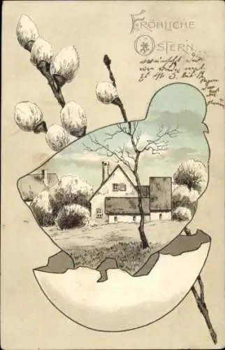 Präge Litho Glückwunsch Ostern, Küken, Eierschale, Weidenkätzchen, Haus