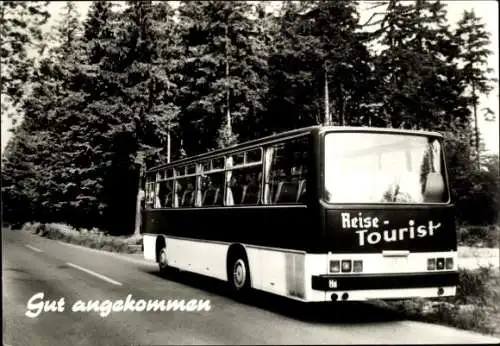 Ak Gut angekommen, Reisetourist, Ikarus Omnibus