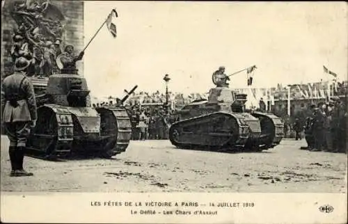 Ak Paris, Tag des Sieges, 14. Juli 1919, Die Parade, Die Sturmpanzer