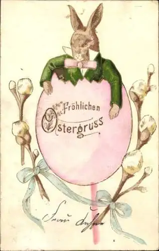 Ak Glückwunsch Ostern, Osterhase im Osterei, Weidenkätzchen