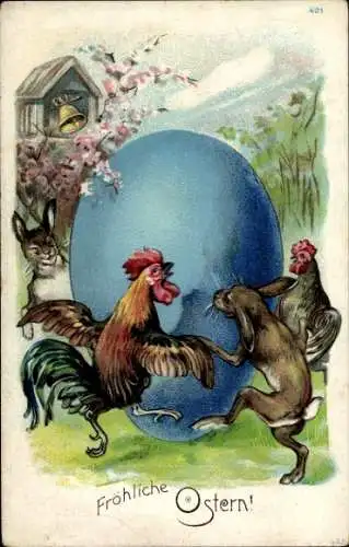 Ak Frohe Ostern, Osterhasen und Hähne tanzen um Osterei herum