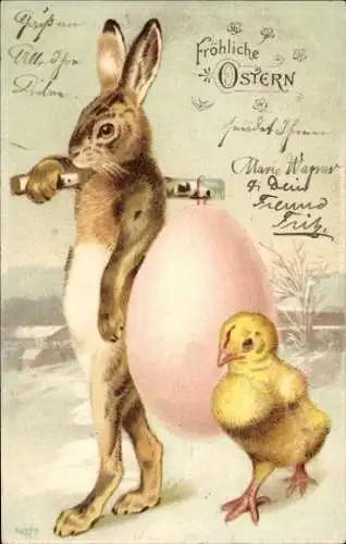 Ak Frohe Ostern, Osterhase mit Ei und Küken