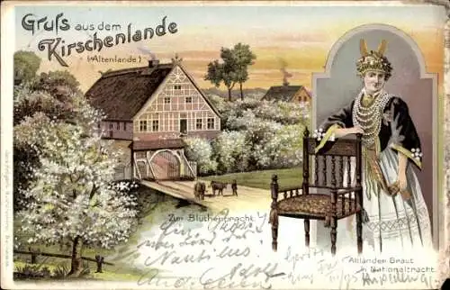 Litho Kirschenland, Blüte, Altländer Braut in Tracht