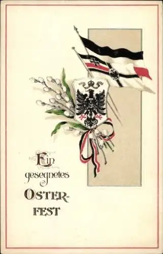 Präge Wappen Litho Glückwunsch Ostern, Weidenkätzchen, Fahne, Wappen