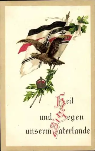 Ak Heil und Segen unserm Vaterlande, Adler, Fahnen, Lorbeer, 1. WK