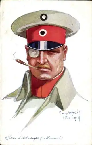 Künstler Ak Dupuis, Em., Deutscher Offizier, Portrait, Zigarette, Monokel, Schirmmütze, Lille 1914