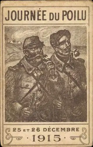 Künstler Ak Journée du Poilu, 25 et 26 Décembre 1915, Zwei französische Soldaten, Rose, Pfeife