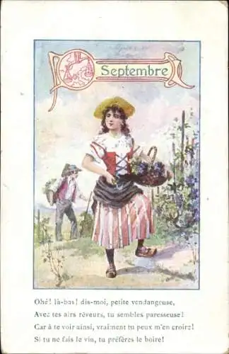 Künstler Ak Allegorie, Septembre, Frau bei der Weinlese, Grand Bazar de Lyon