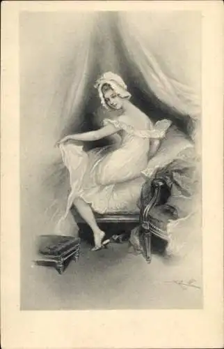 Künstler Litho Rossi, Frau im Bett, Unterwäsche