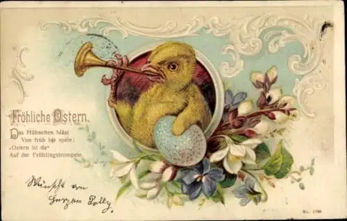 Ak Glückwunsch Ostern, Küken mit Trompete im Schnabel, Osterei, Blumen