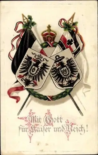 Wappen Ak Mit Gott für Kaiser und Reich, Fahnen