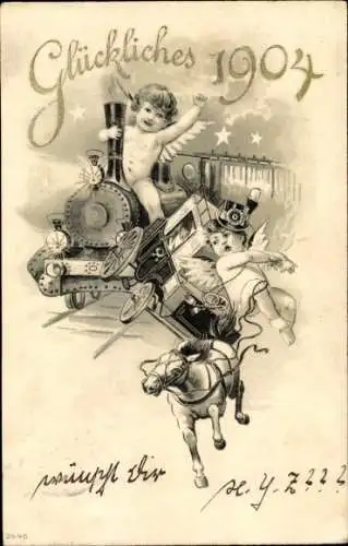 Litho Glückwunsch Neujahr 1904, Engel, Eisenbahn, Pferd, Postkutsche