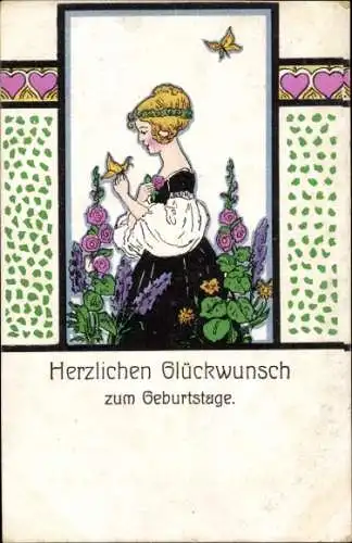 Ak Glückwunsch Ostern, Junge Frau in einem Blumenfeld, Schmetterlinge