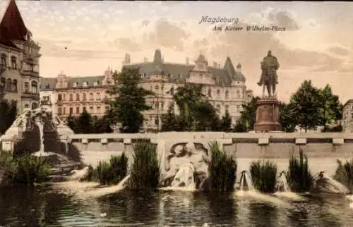 Ak Magdeburg an der Elbe, Kaiser Wilhelm-Platz, Denkmal, Wasserspiele