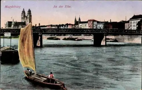 Ak Magdeburg in Sachsen Anhalt, Partie an der Elbe, Segelboot, Brücke