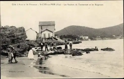 Ak Saint Cyr sur Mer Var, Rochers de Tauroentum und die Badegäste