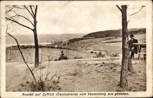 Ak Zyfflich Kranenburg am Niederrhein, Ansicht vom Vossenberg aus gesehen, Mann, Sitzbankgruppe