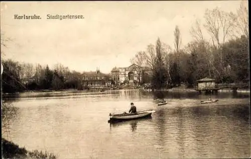 Ak Karlsruhe in Baden, Stadtgartensee, Ruderboote, Ruderer, Natur