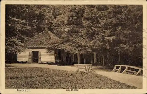 Ak Hude bei Oldenburg, Urwald Hasbruch, Jagdhütte