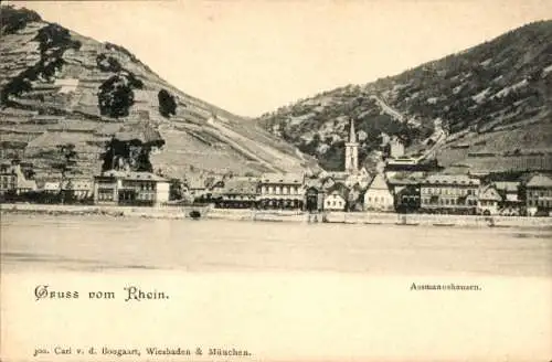 Ak Assmannshausen Rüdesheim am Rhein, Blick auf den Ort vom Fluss aus