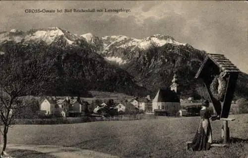 Ak Groß-Gmain bei Bad Reichenhall, Gesamtansicht, Wegekreuz, Lattengebirge