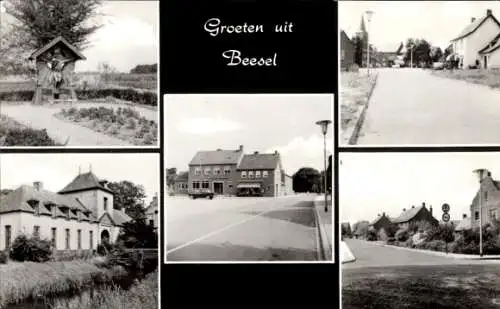 Ak Beesel Limburg Niederlande, 4 Schwarz-Weiß-Fotos von  1. ein Wegekreuz, 2. eine Straße mit ...