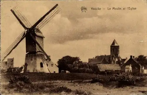 Ak Knokke Knocke Westflandern, Windmühle, Kirche