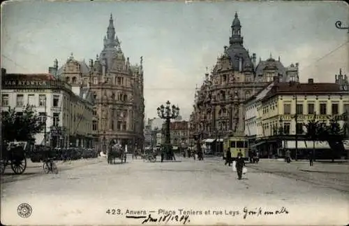 Ak Anvers Antwerpen Flandern, Straßenansicht mit Bäumen, Menschen, Pferdekutschen und einer St...