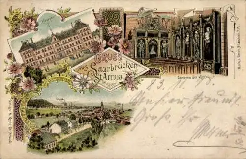 Litho St. Arnual Saarbrücken im Saarland, Gesamtansicht, Kaserne, Inneres der Kirche