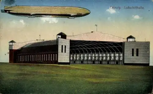 Ak Leipzig in Sachsen, Zeppelin, Luftschiffhalle