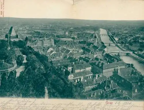 Klapp Ak Graz Steiermark, Blick auf Graz mit Mur und Schlossberg