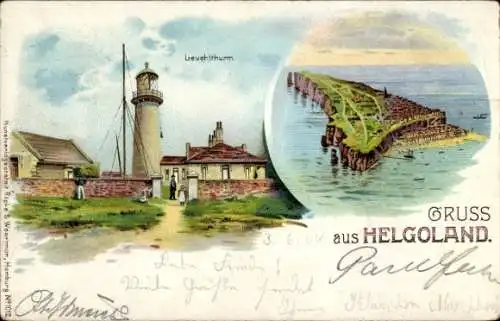 Litho Nordseeinsel Helgoland, Gesamtansicht, Leuchtturm