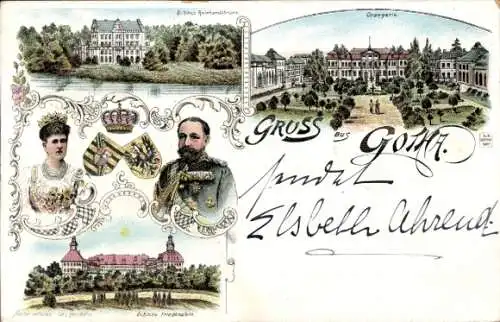 Litho Gotha Thüringen, Schloss Reinhardsbrunn und Friedenstein, Herzog Alfred, Orangerie, Wappen